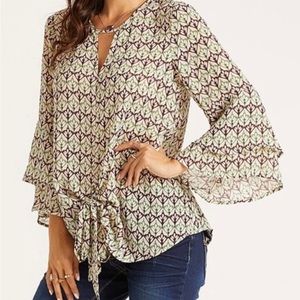 Suzanne Betro Weekend Sheer Patterned Trumpet Sleeve Keyhole‎ Tunic